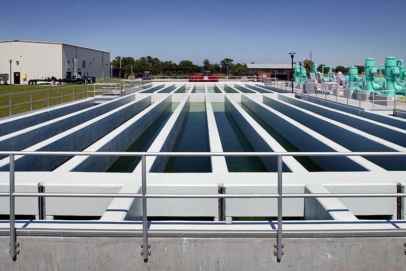 Exterior photo of aeration basins of water at the Winter Haven Wastewater Treatment Plant